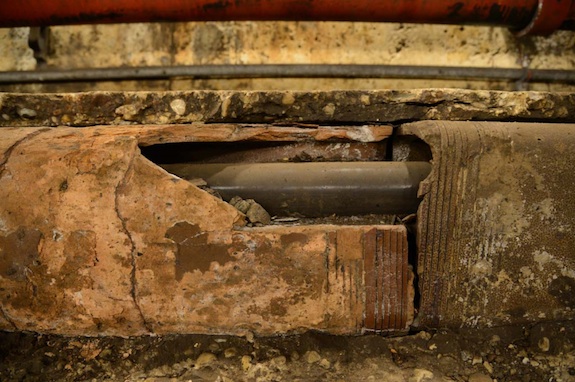 Terra cotta duct banks, nearly 100 years old, were completely wrecked by floodwaters. (Photo via MTA)
