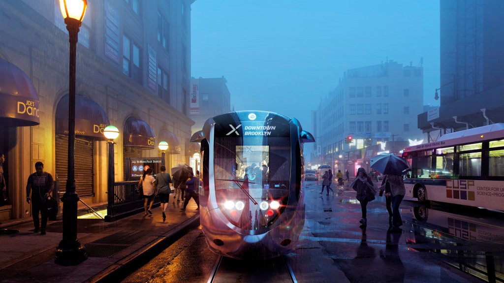 A streetcar cuts through the rain in Downtown Brooklyn. (Friends of the Brooklyn Queens Connector)