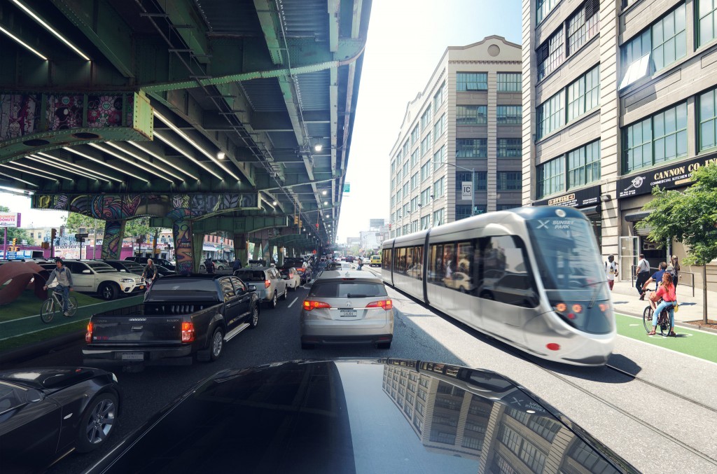 This rendering shows the proposed Brooklyn-Queens streetcar passing Industry City. (Friends of the Brooklyn Queens Connector)