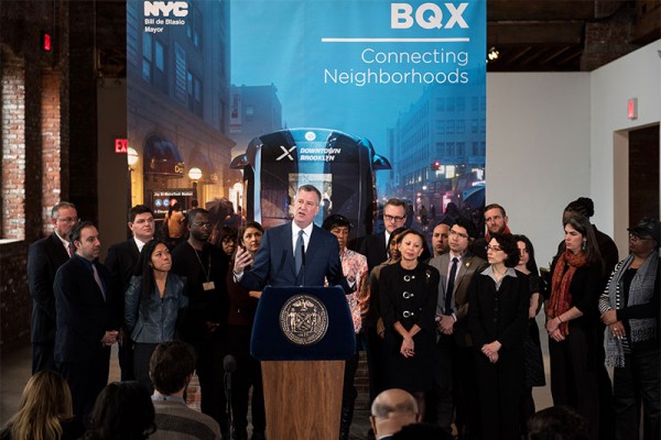 The Mayor unveiled additional details on the Brooklyn-Queens Connector earlier this week in Red Hook (Photo via Mayor's Office)