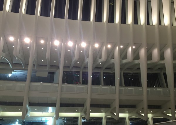 At mezzanine level, the vacant commercial space looms above the Oculus' main floor. (Photo: Benjamin Kabak)