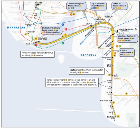 A nine-stop extension of the late-night R train shuttle into Manhattan will launch later this year.