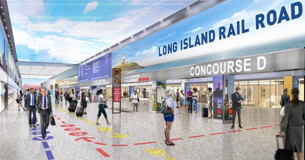 The redesigned LIRR concourse will feature wider passageways, bright ceilings and new wayfinding. (Credit: MTA)